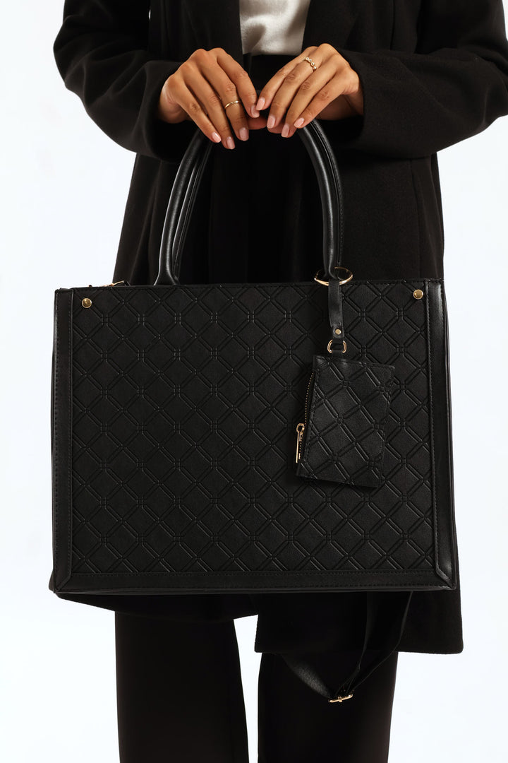Top Handle Square Embossed Laptop Bag - Black