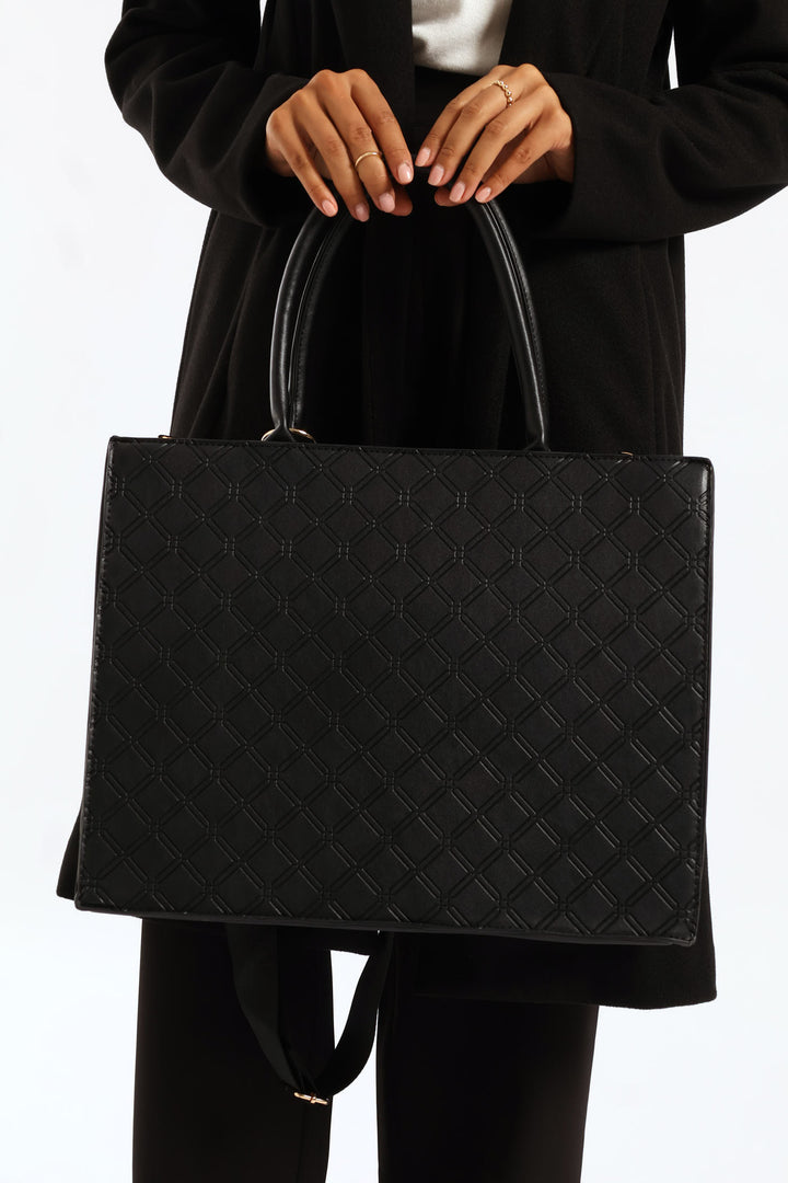 Top Handle Square Embossed Laptop Bag - Black