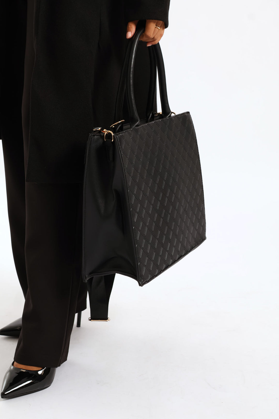 Top Handle Square Embossed Laptop Bag - Black