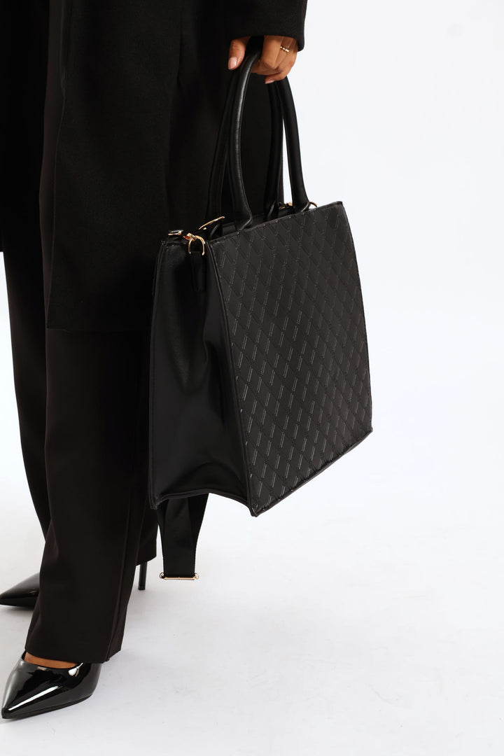 Top Handle Square Embossed Laptop Bag - Black