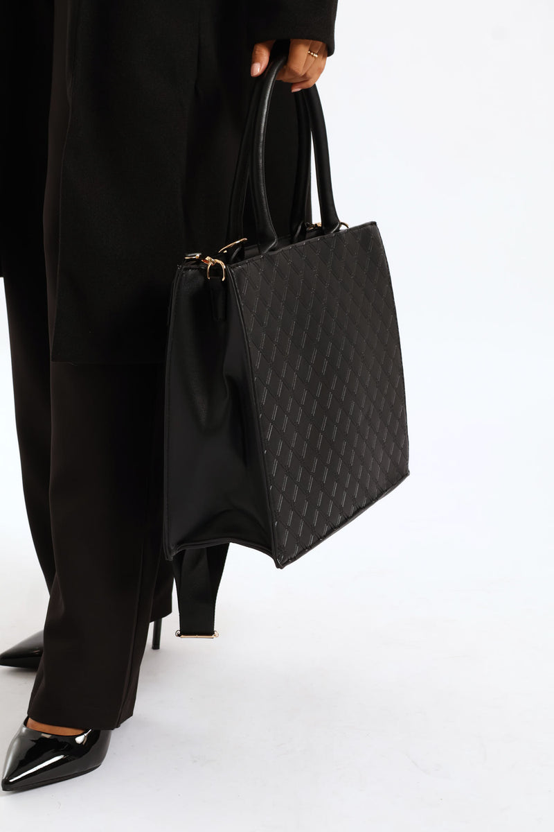 Top Handle Square Embossed Laptop Bag - Black