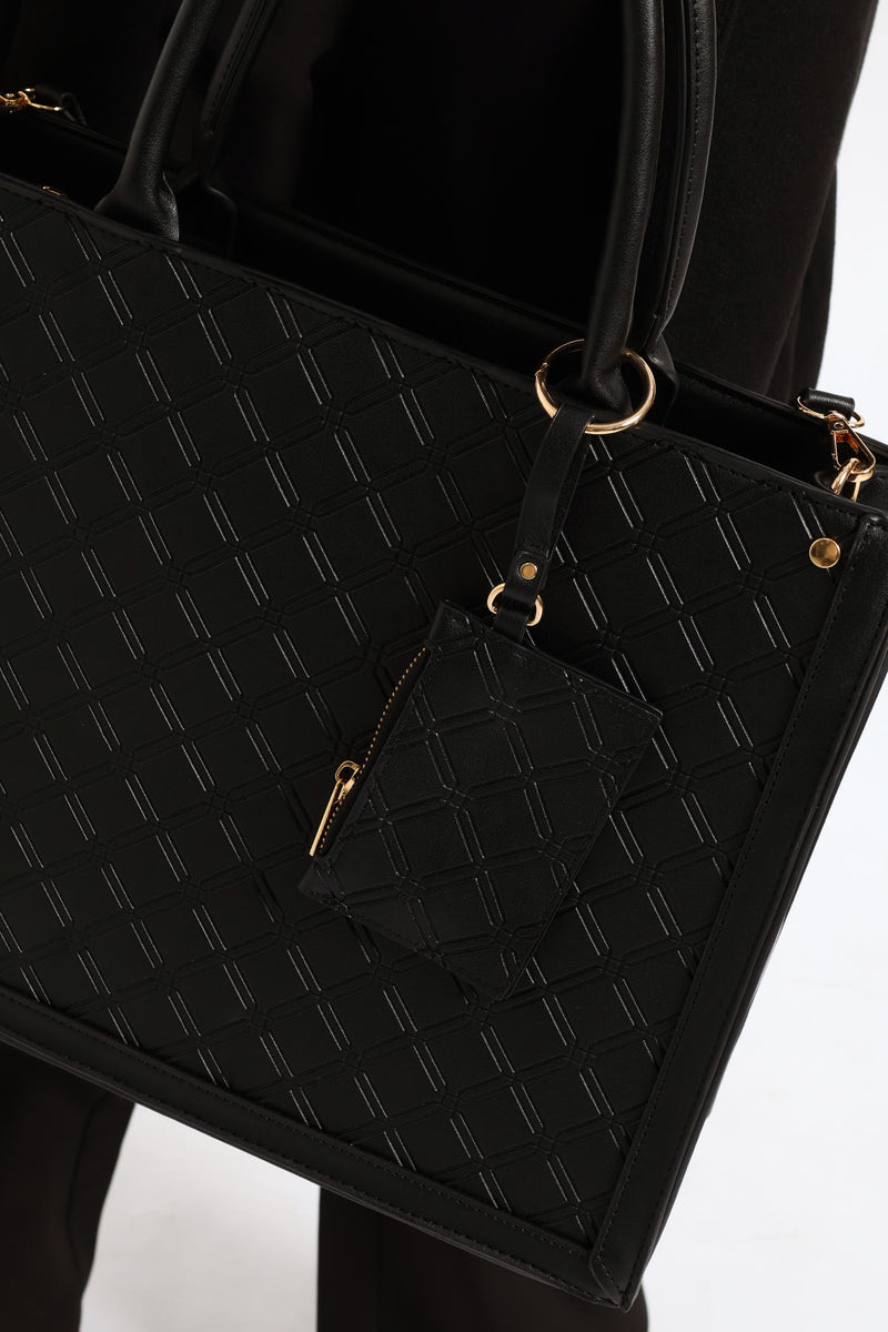 Top Handle Square Embossed Laptop Bag - Black
