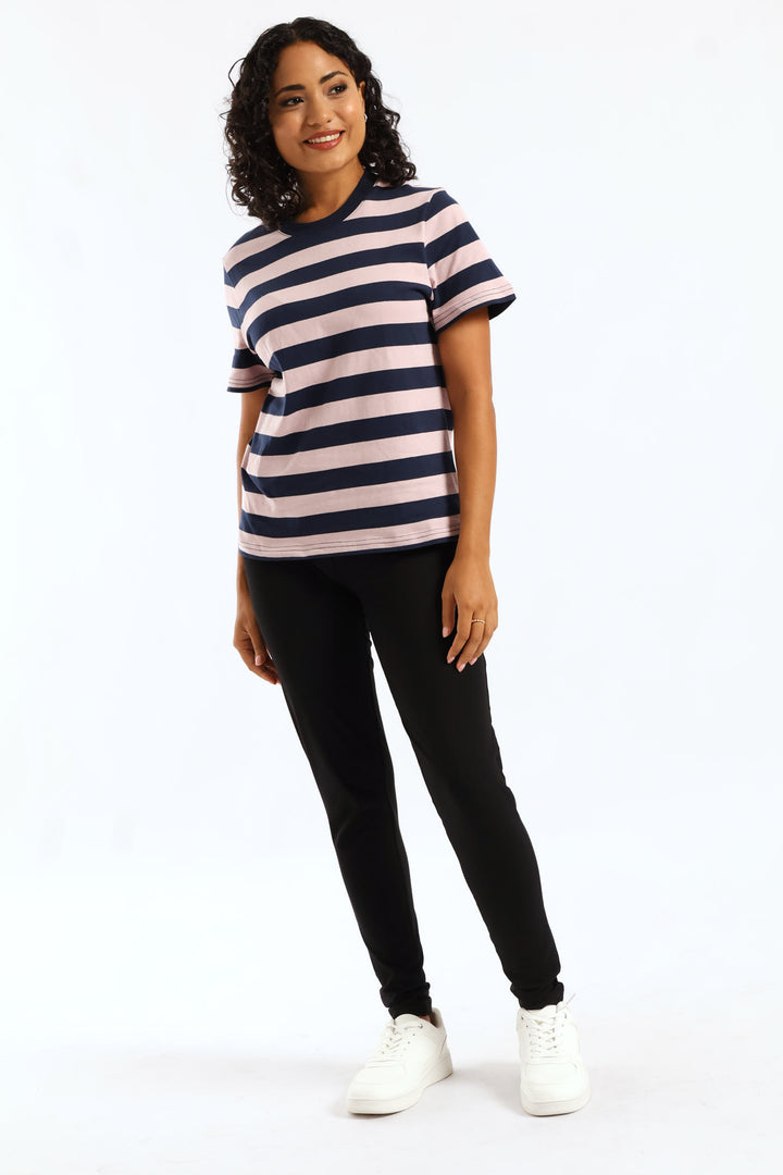 Bold Stripe Boxy Tee - Mauve/Navy