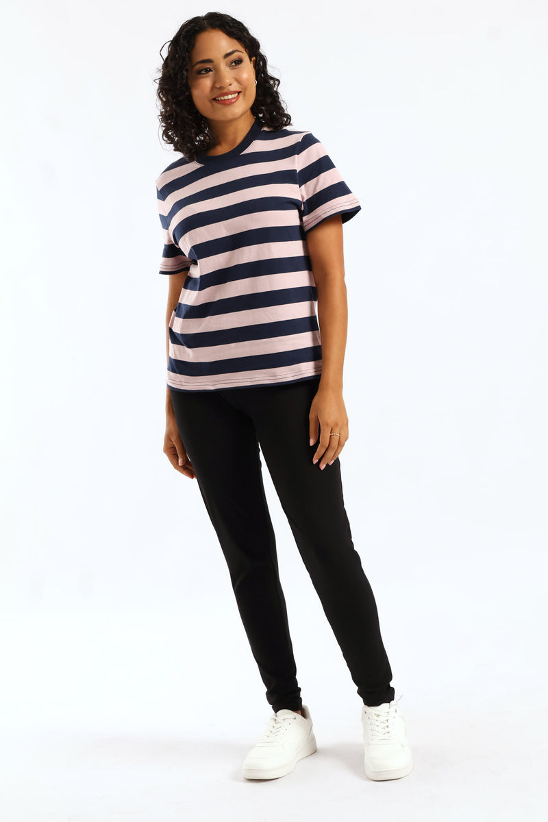 Bold Stripe Boxy Tee - Mauve/Navy
