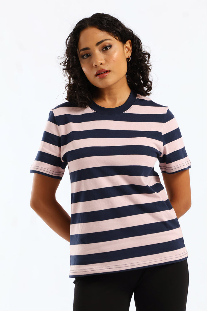 Bold Stripe Boxy Tee - Mauve/Navy