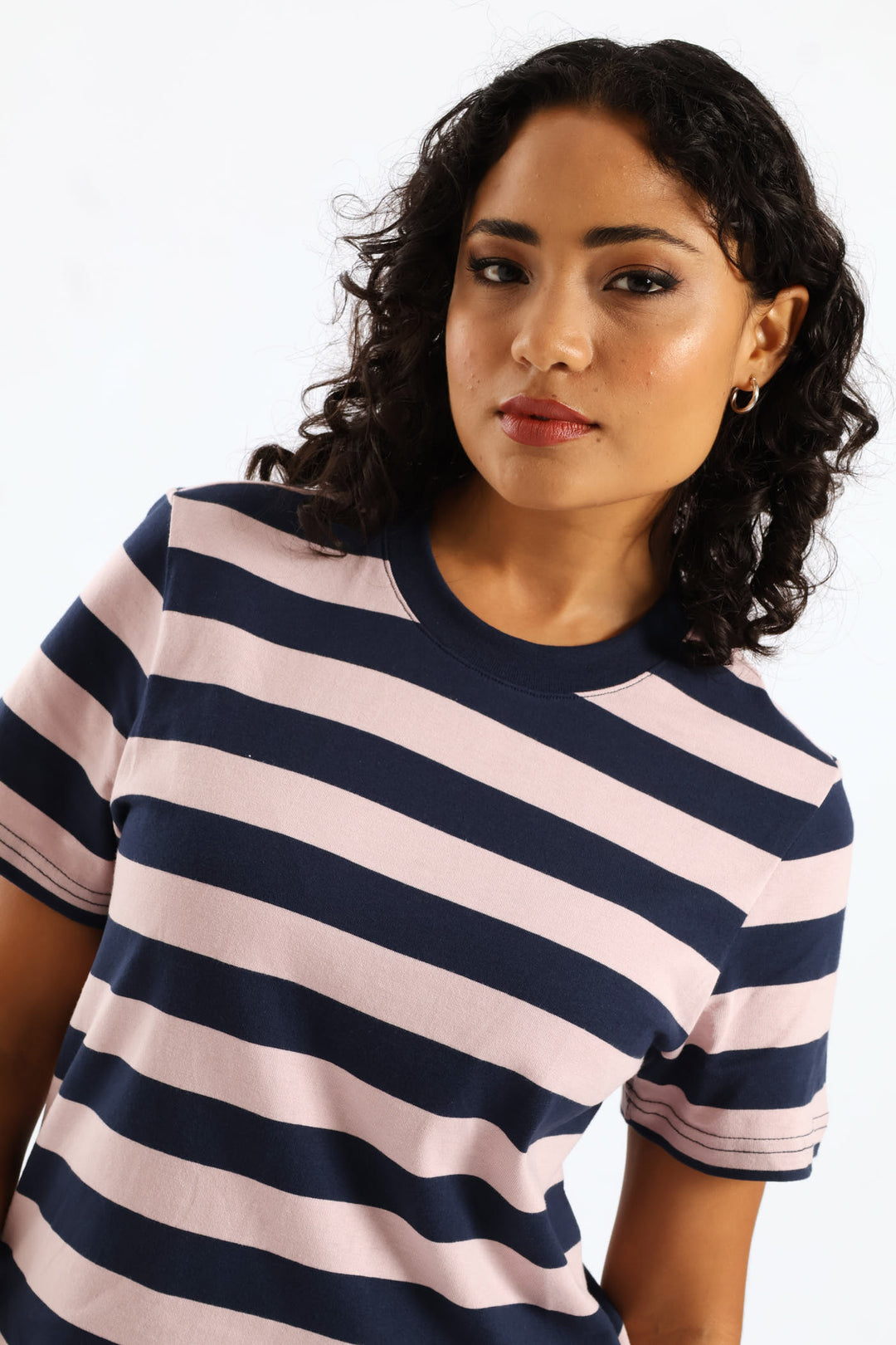 Bold Stripe Boxy Tee - Mauve/Navy