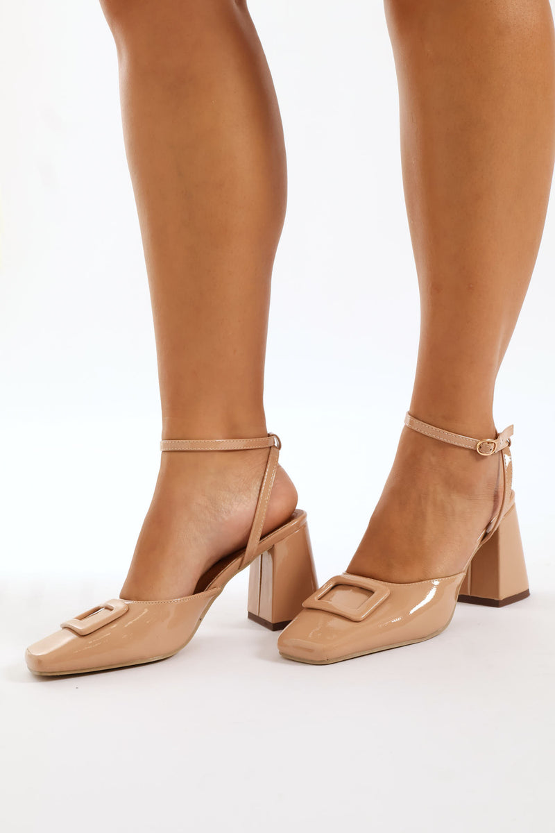 Ankle Strap And Trim Square Toe Mule Heel  - Nude