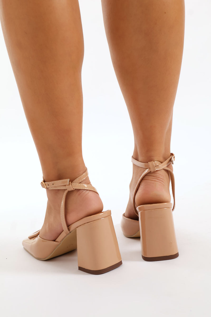 Ankle Strap And Trim Square Toe Mule Heel  - Nude