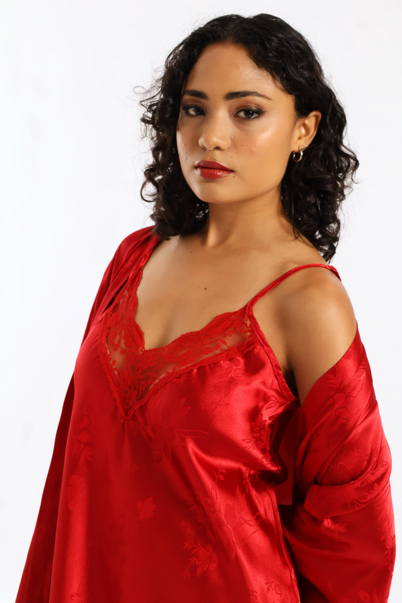Single Embossed Floral Chemise - Red