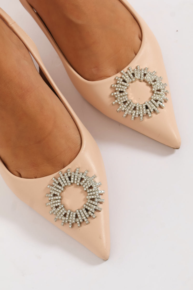 Diamante Trim Pointy Slingback Heel - Blush