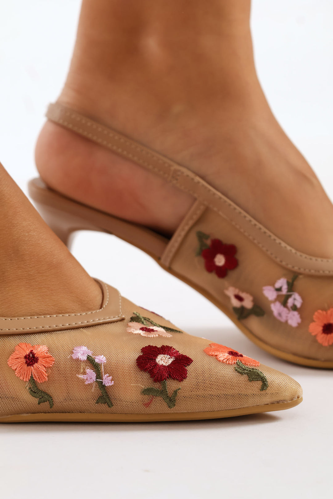 Floral Embroidered Mesh Kitten Slingback Heel - Natural