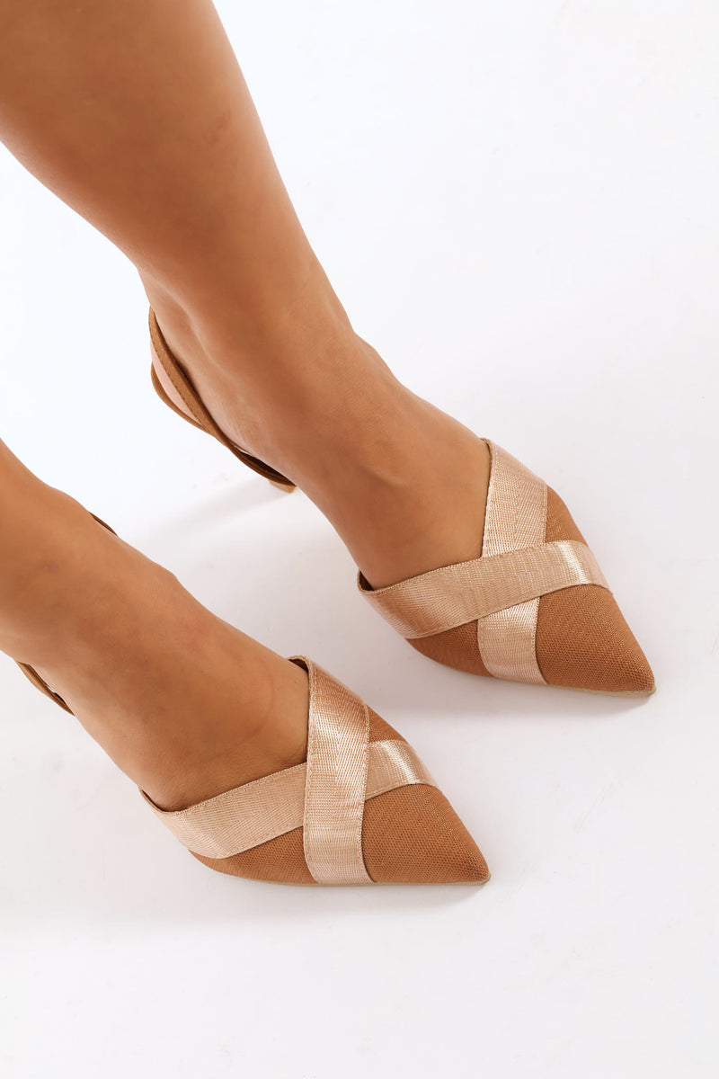 Petersham Tape Mesh Pointy Slingback Heel - Tobacco