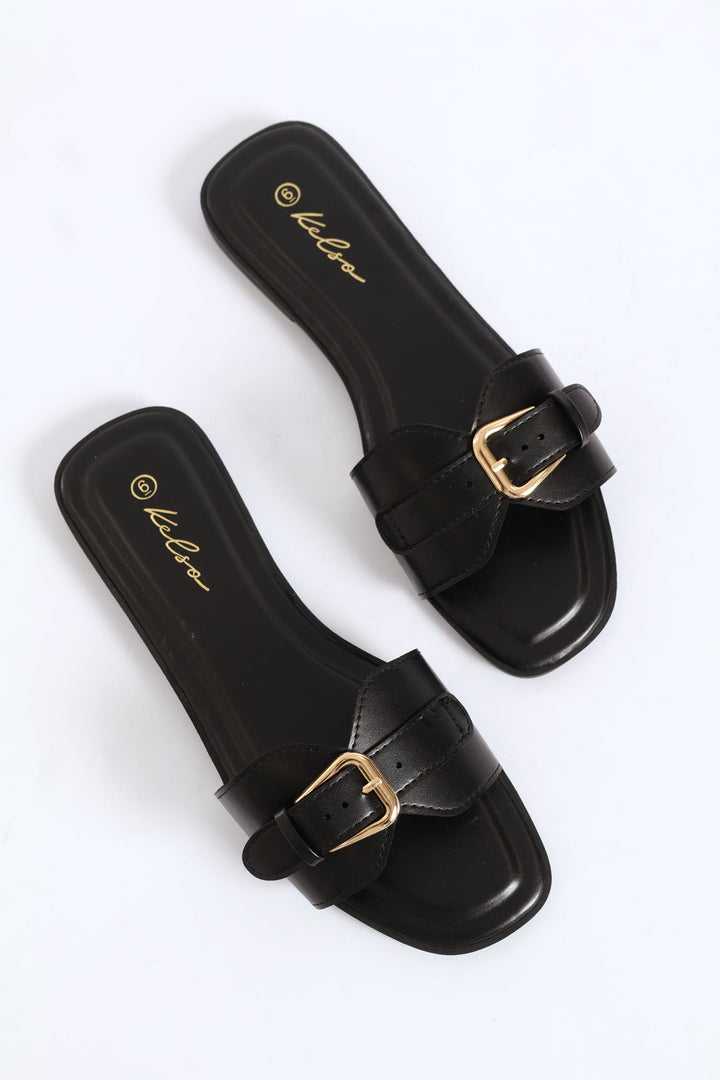 Diamond Shape Upper Buckle Detail Sandal - Black