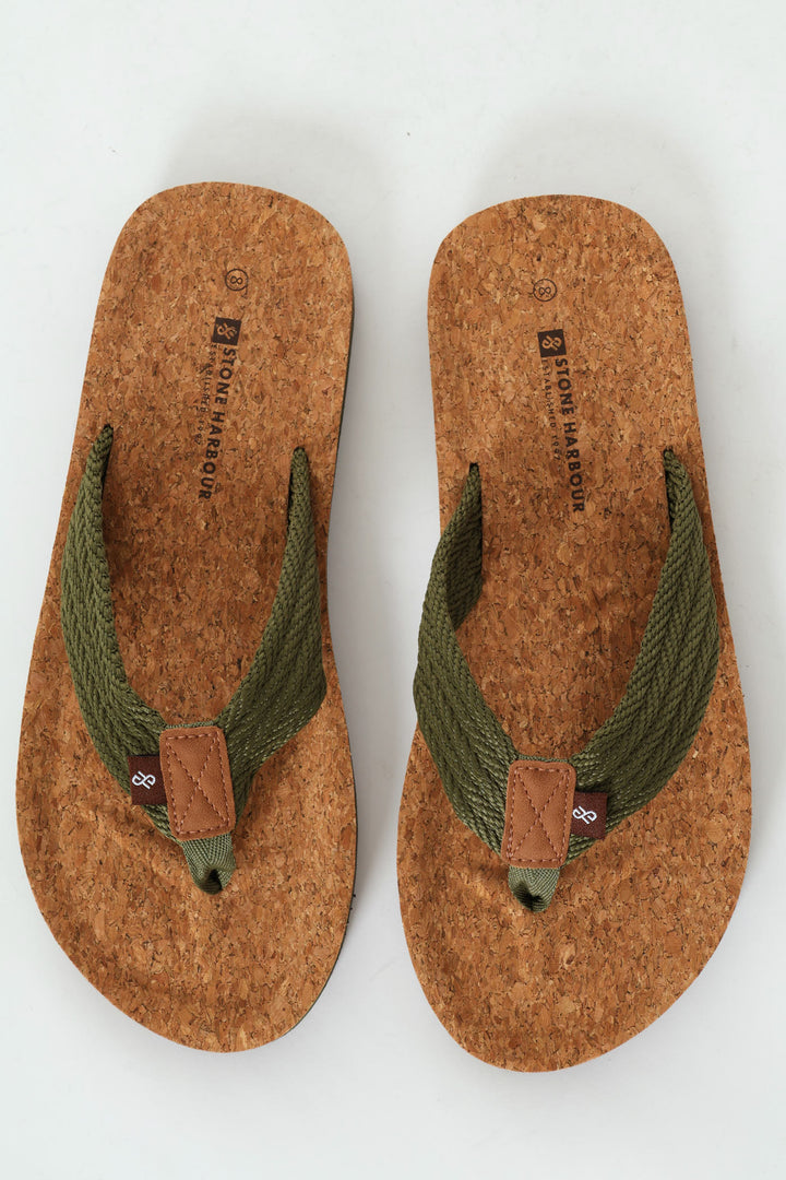 Braided Upper Wide Vamp Sole With Cork - Olive