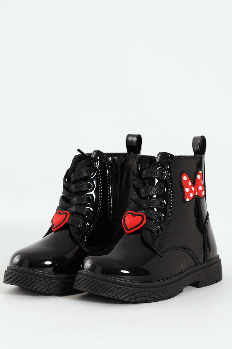 Pre-Girls Patent Bow Mlitary Boot - Black