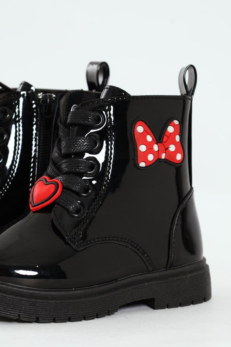 Pre-Girls Patent Bow Mlitary Boot - Black