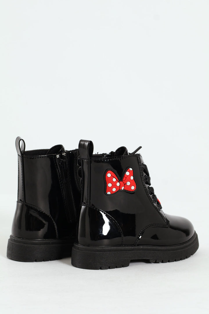Pre-Girls Patent Bow Mlitary Boot - Black