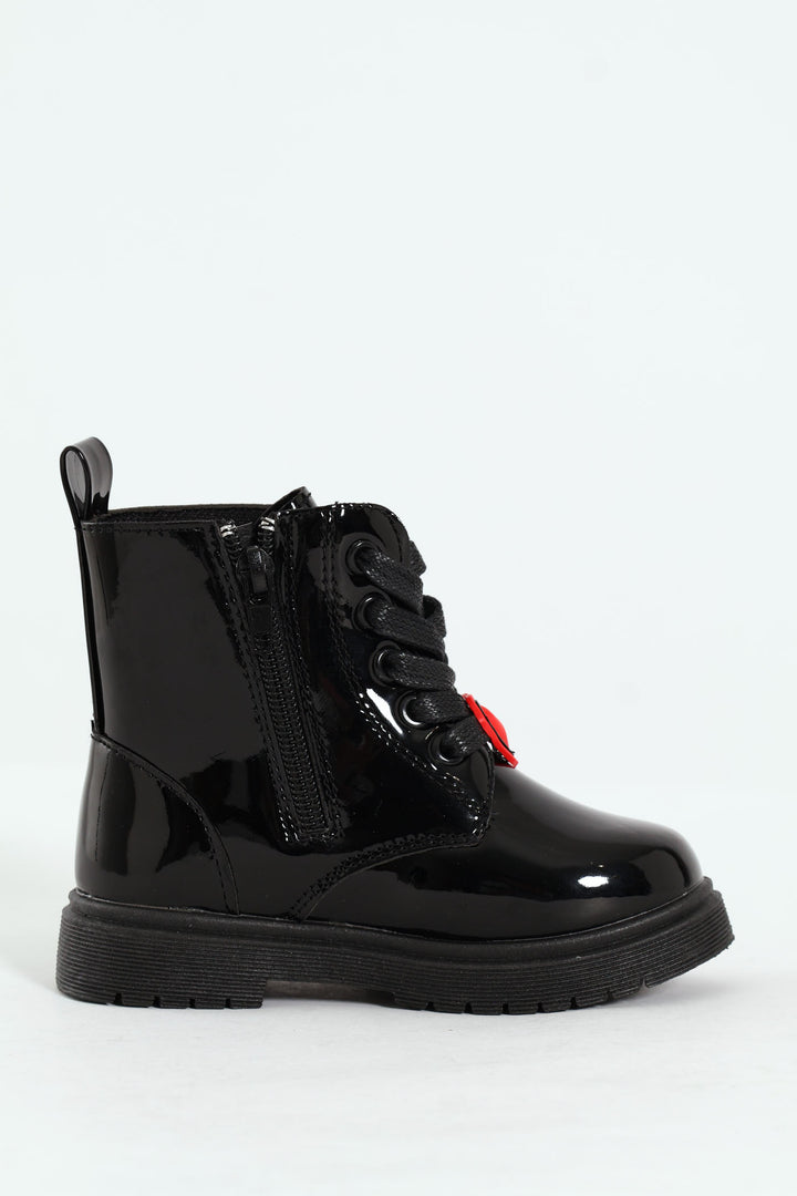 Pre-Girls Patent Bow Mlitary Boot - Black