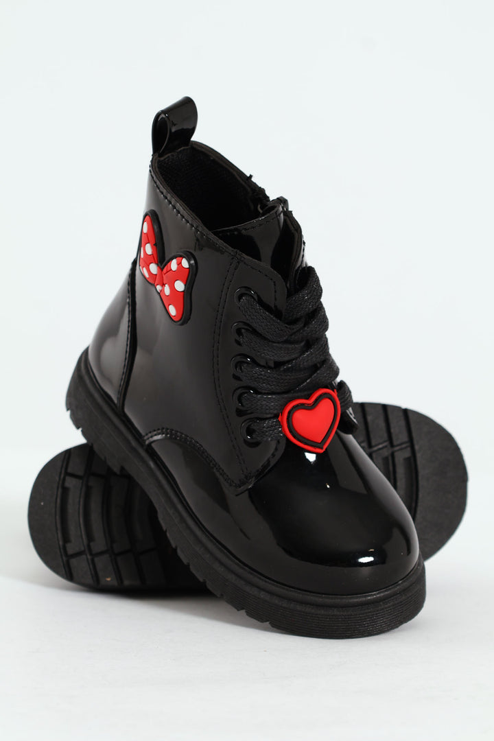 Pre-Girls Patent Bow Mlitary Boot - Black