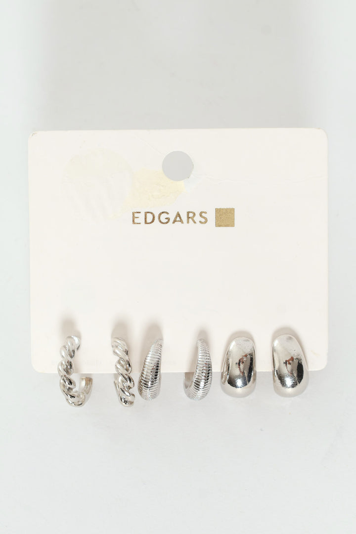 3 Pack Small Bubble Twisted Hoops - Silver
