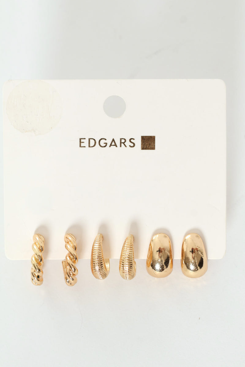 3 Pack Small Bubble Twisted Hoops - Gold