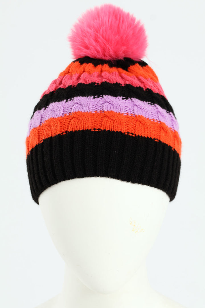 Pre-Girls Multi Colour Stripe Beanie With Fur Pom Pom - Black