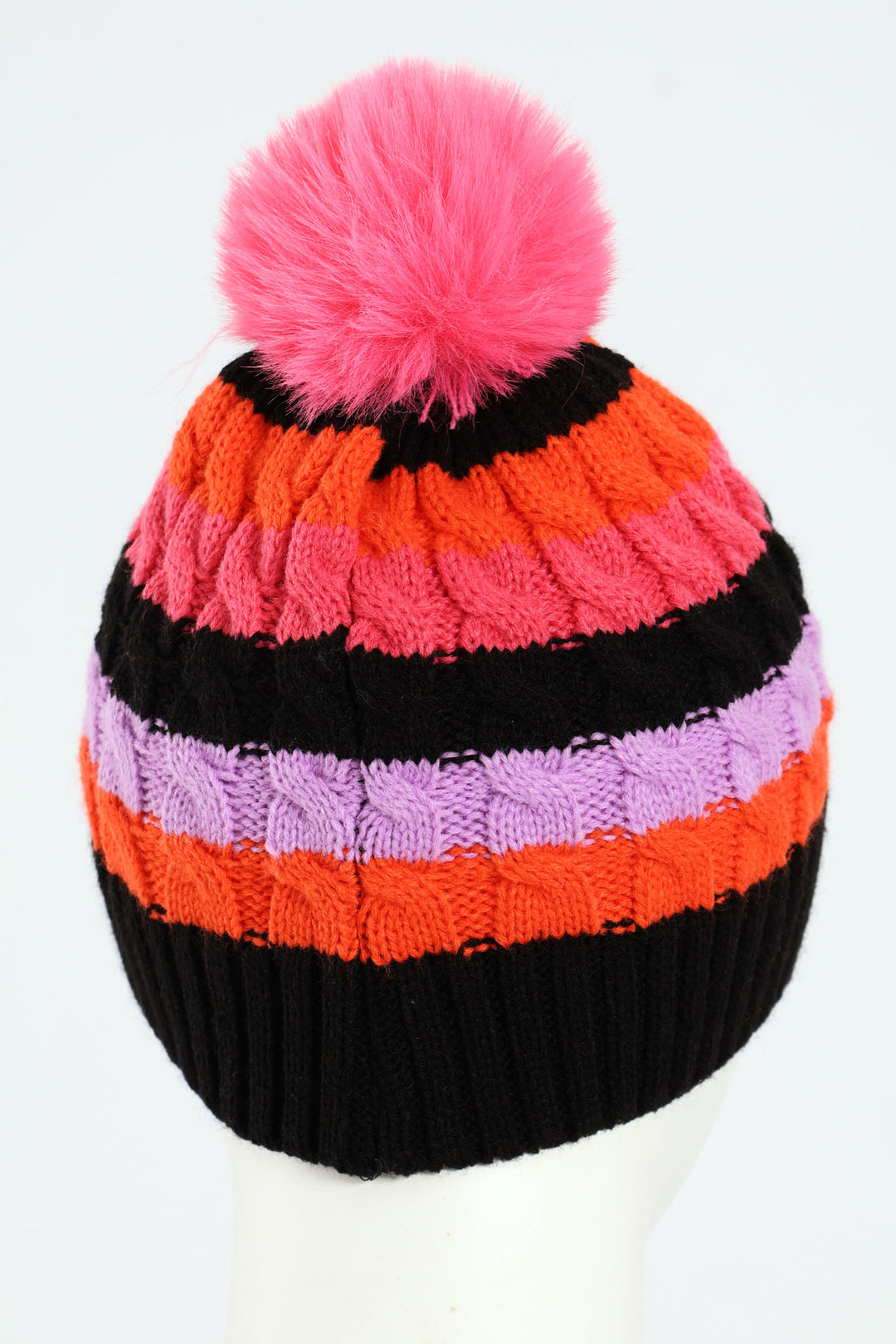 Pre-Girls Multi Colour Stripe Beanie With Fur Pom Pom - Black