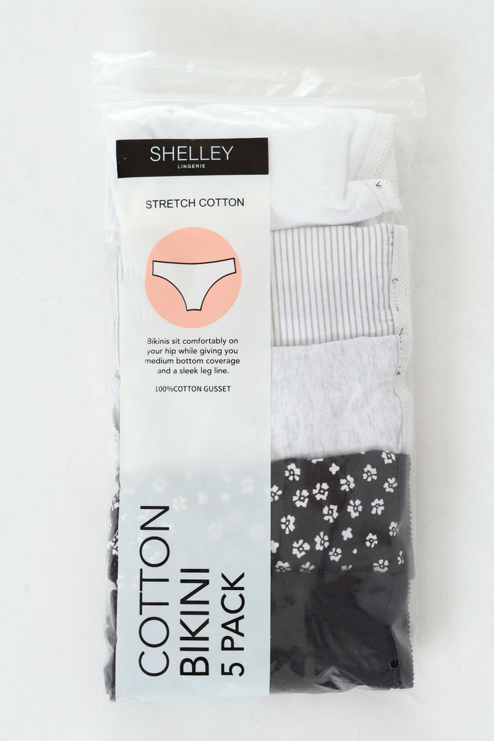 5 Pack Cotton Stretch Bikini Panties - Black/Floral/Grey/Stripe/White