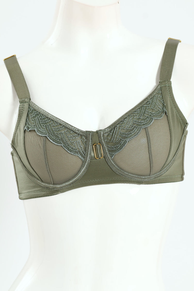 Embroidery & Shiny Microfibre Bra - Sage