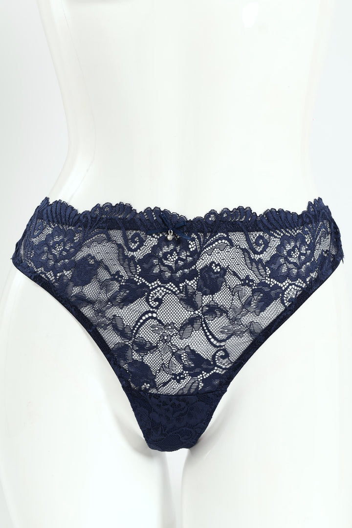 Dobby Mesh & Lace Bikini Panties - Navy