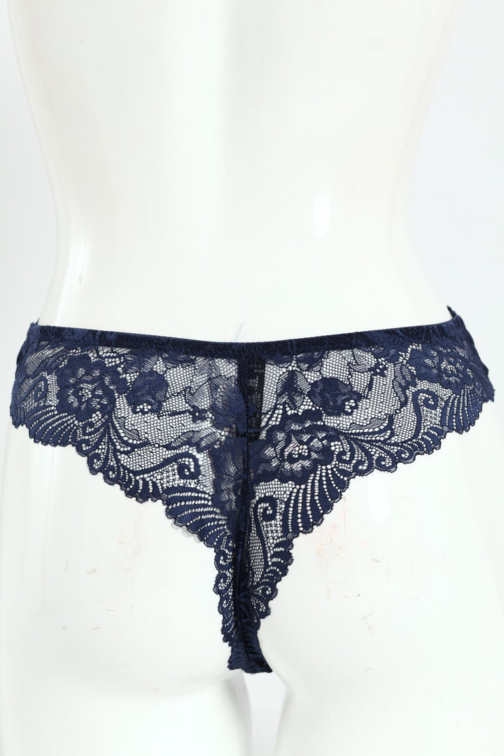 Dobby Mesh & Lace Bikini Panties - Navy