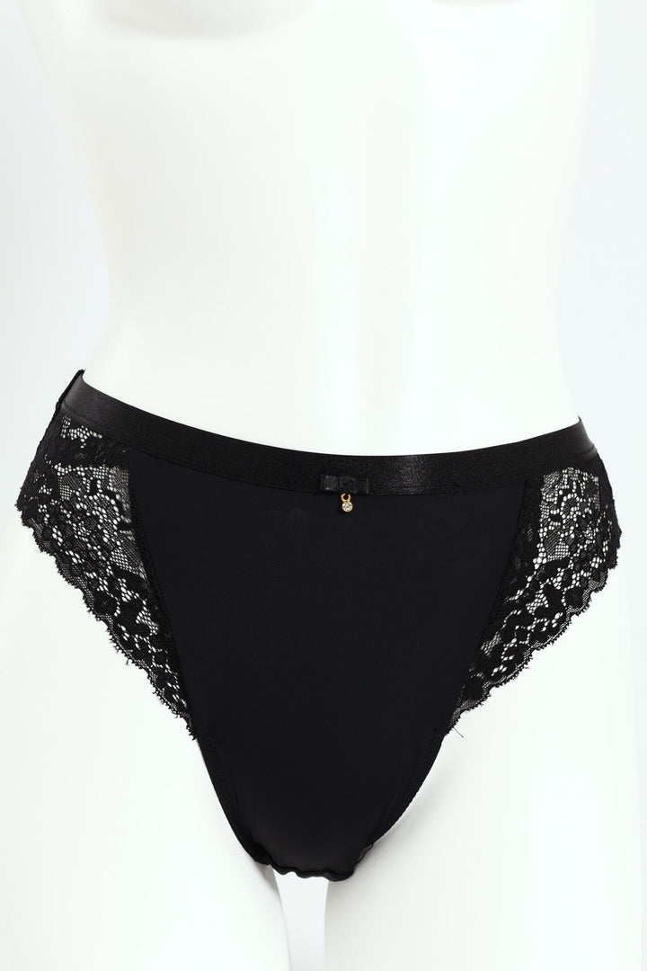 Microfibre & Lace Hi Cut Panty - Black