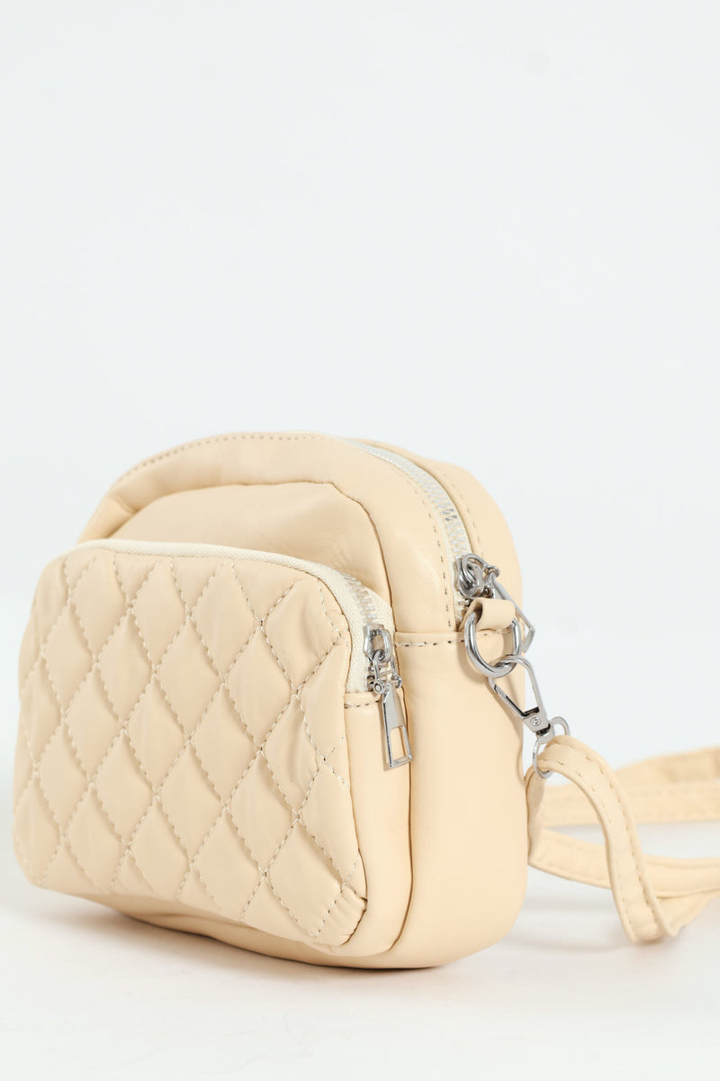 Girls Beige Quilted Sling Bag - Beige