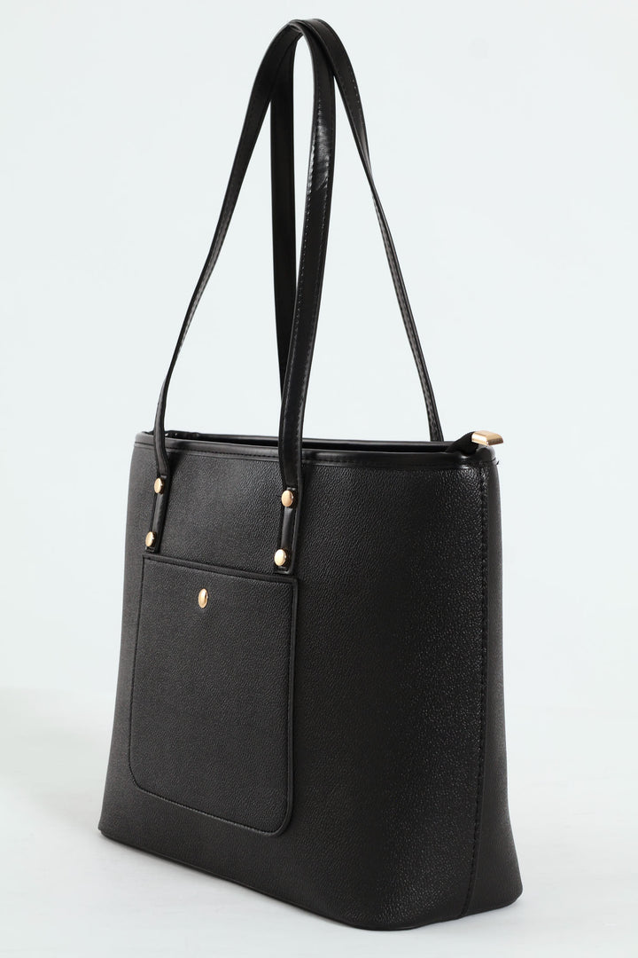Front Pocket Gold Trim Shopper - Black