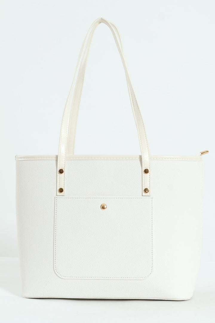 Front Pocket Gold Trim Shopper - White