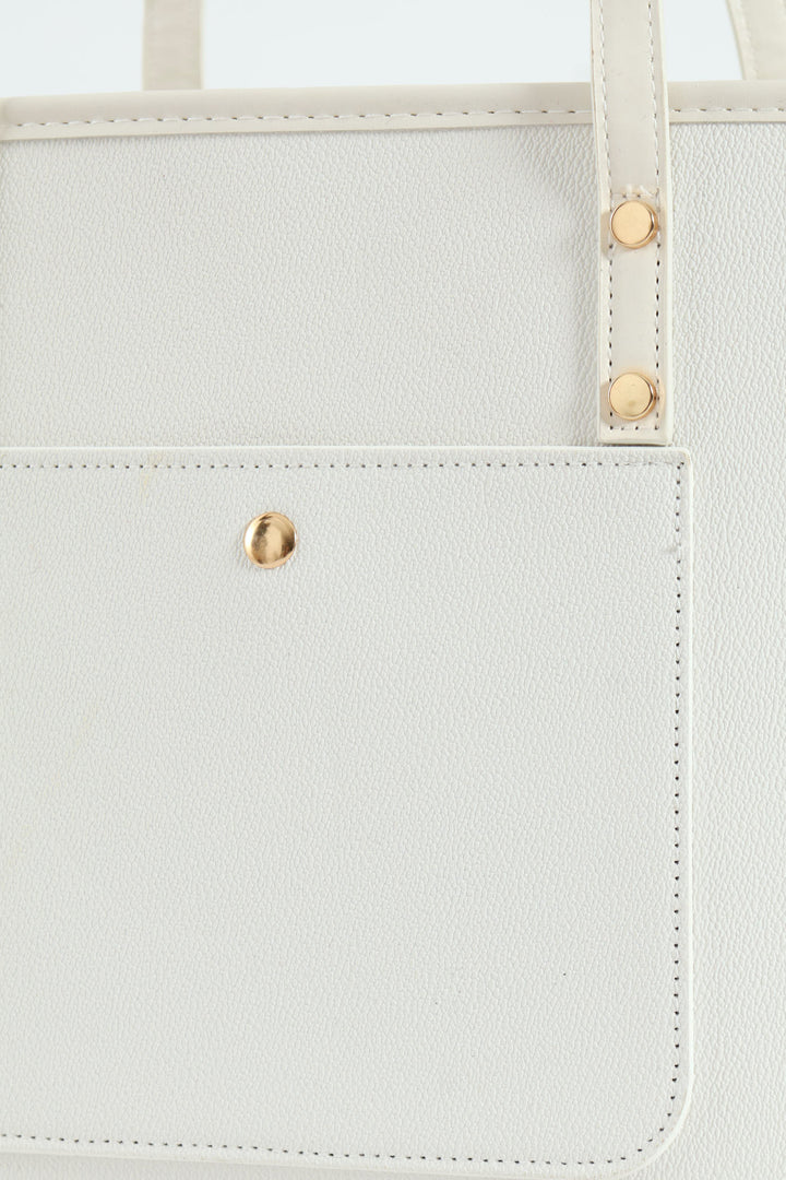 Front Pocket Gold Trim Shopper - White
