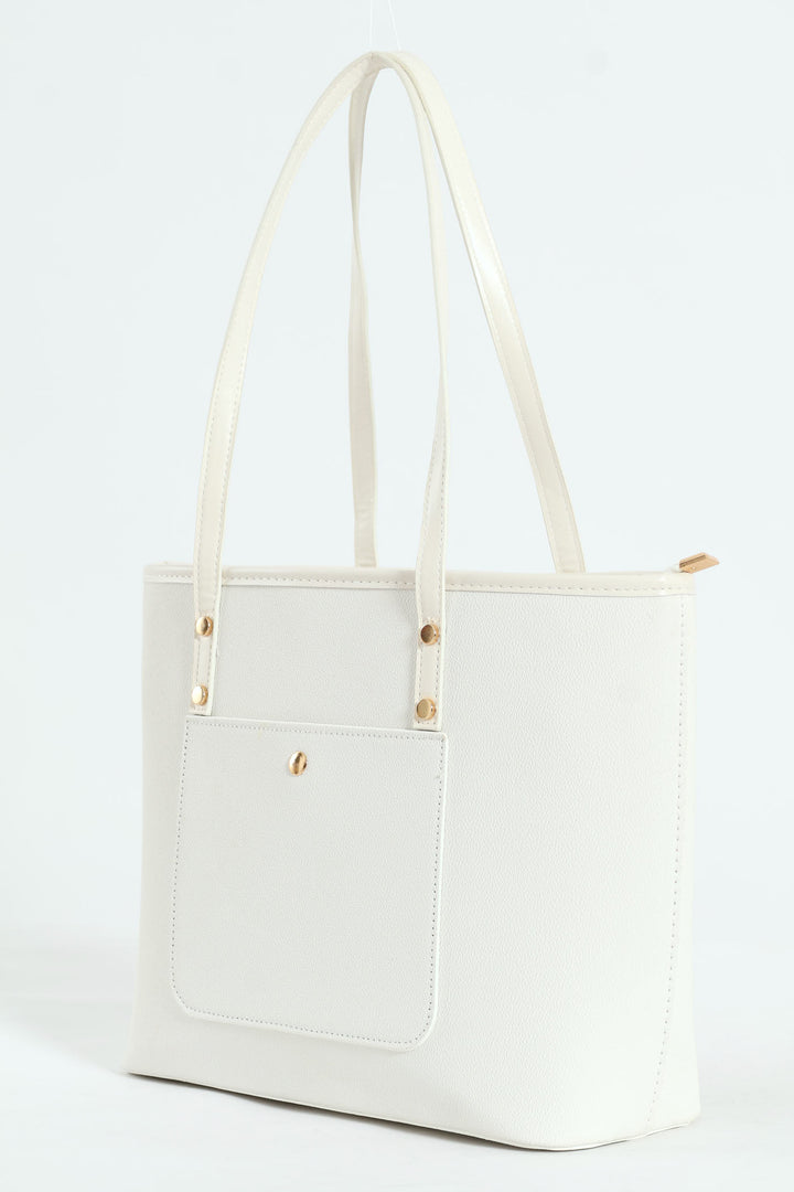 Front Pocket Gold Trim Shopper - White