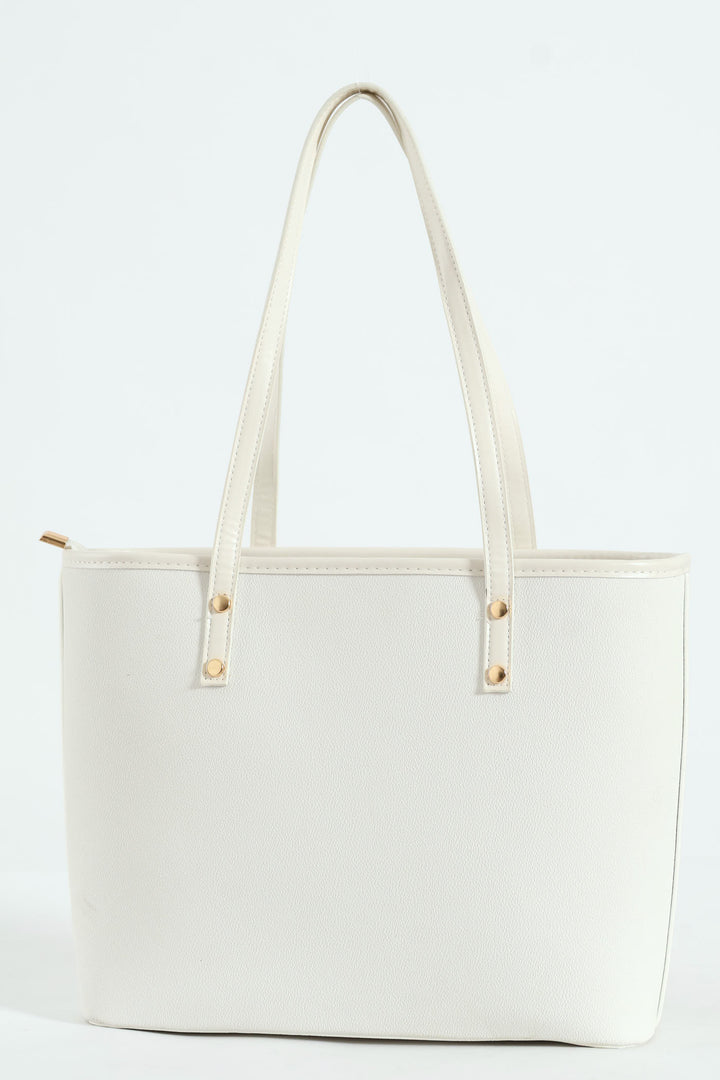Front Pocket Gold Trim Shopper - White