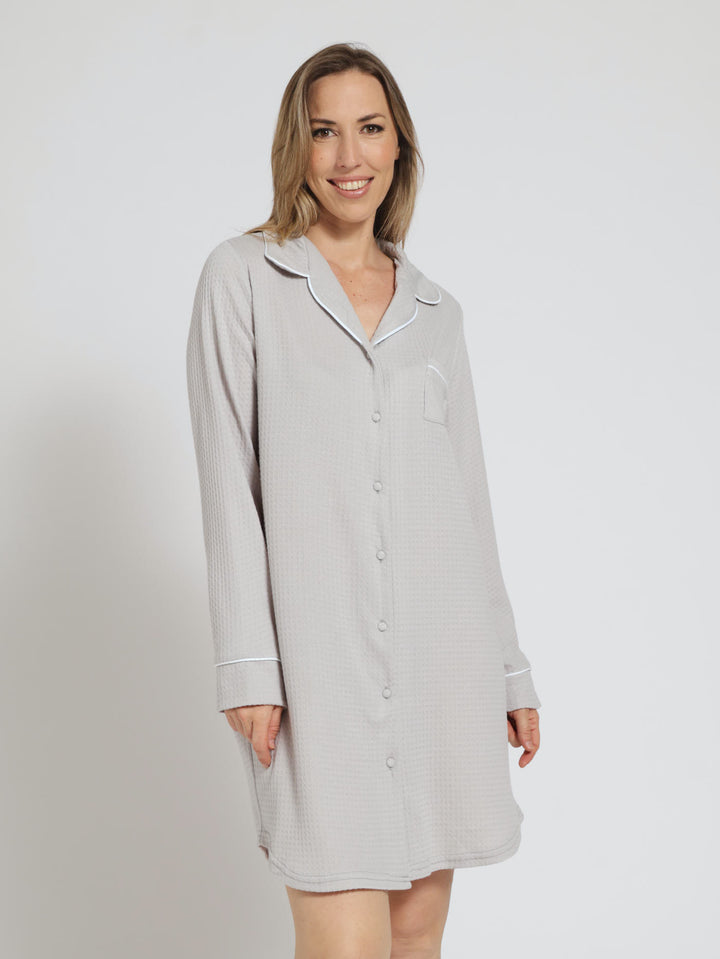 Long Sleeve Texture Button Though Sleep Shirt - Grey