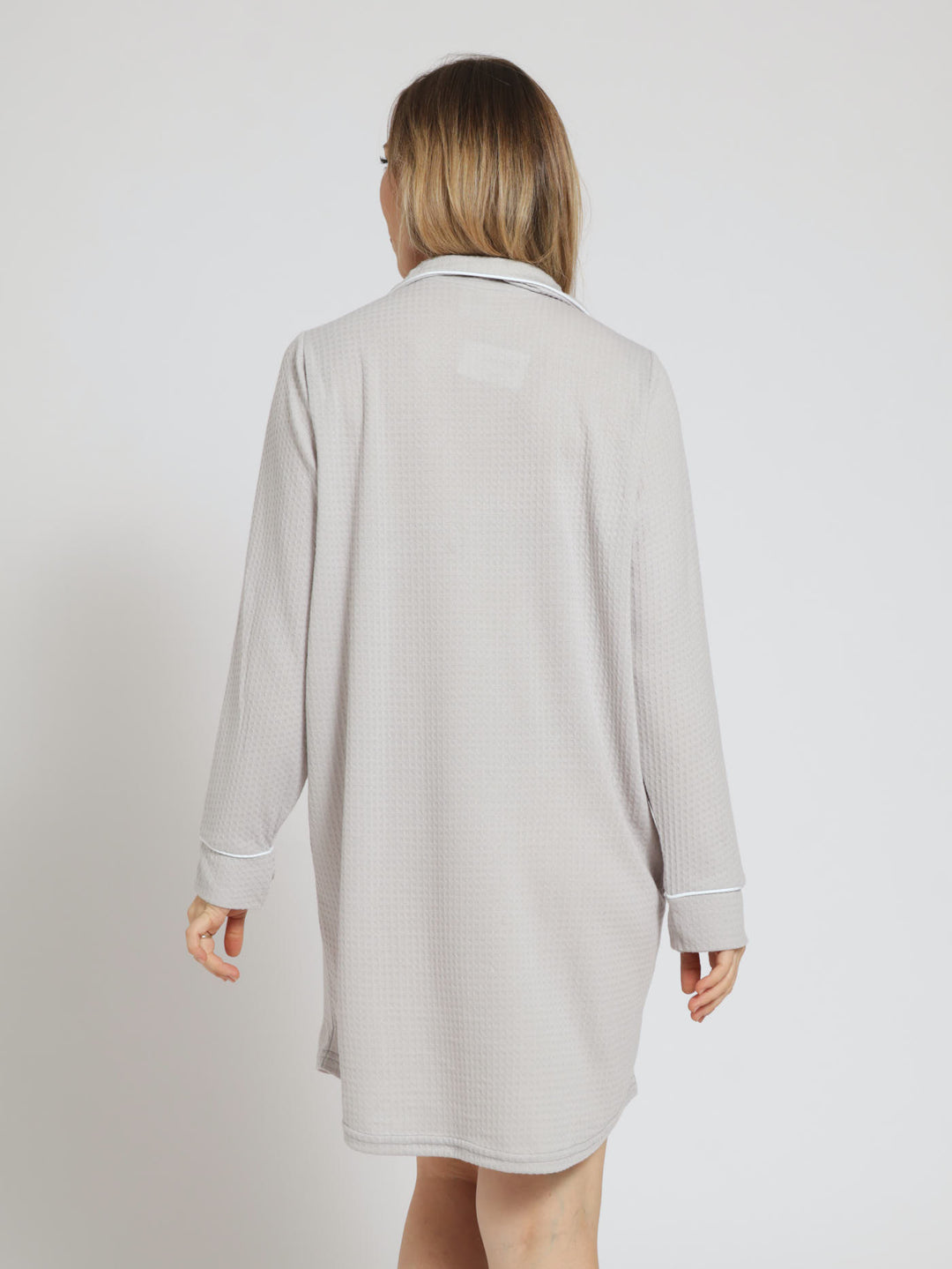 Long Sleeve Texture Button Though Sleep Shirt - Grey