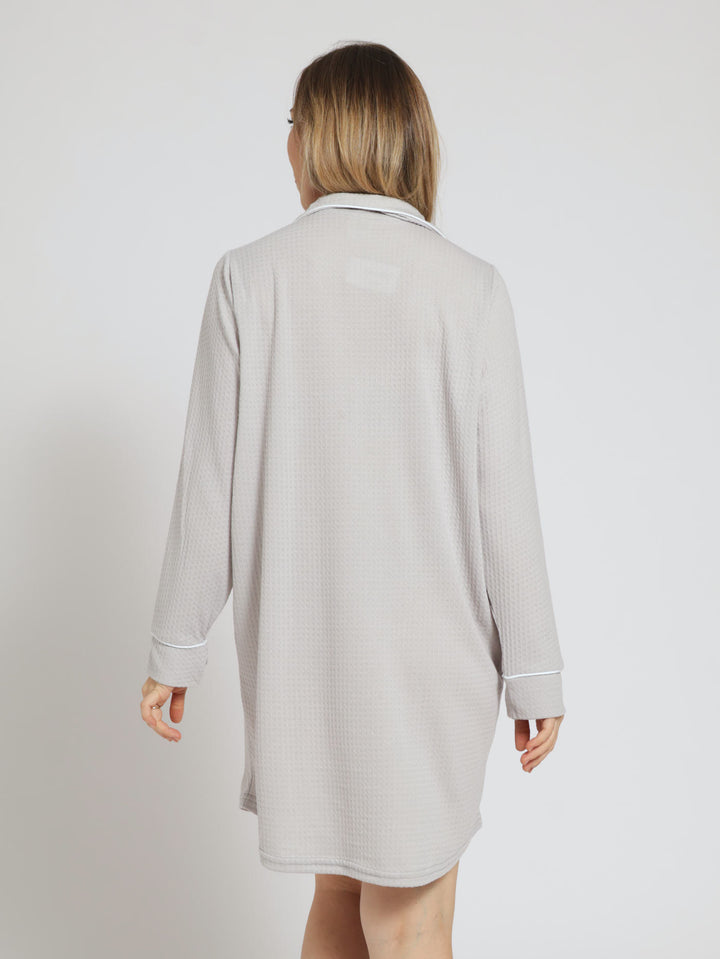 Long Sleeve Texture Button Though Sleep Shirt - Grey