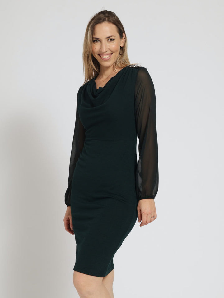 Cowl Neck Bling Detail Bodycon Dress - Bottle