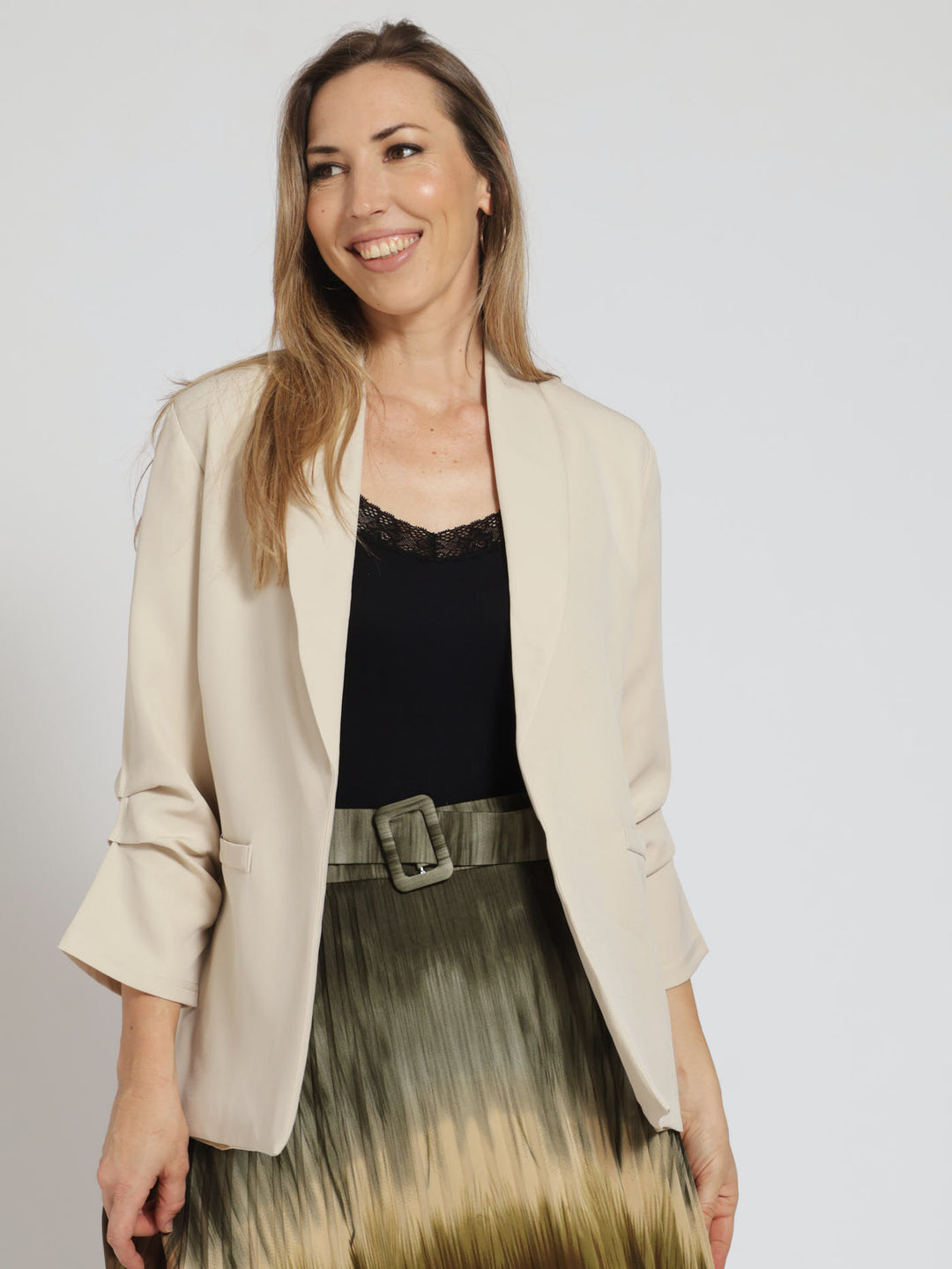 Ruched Sleeve Blazer - Cream