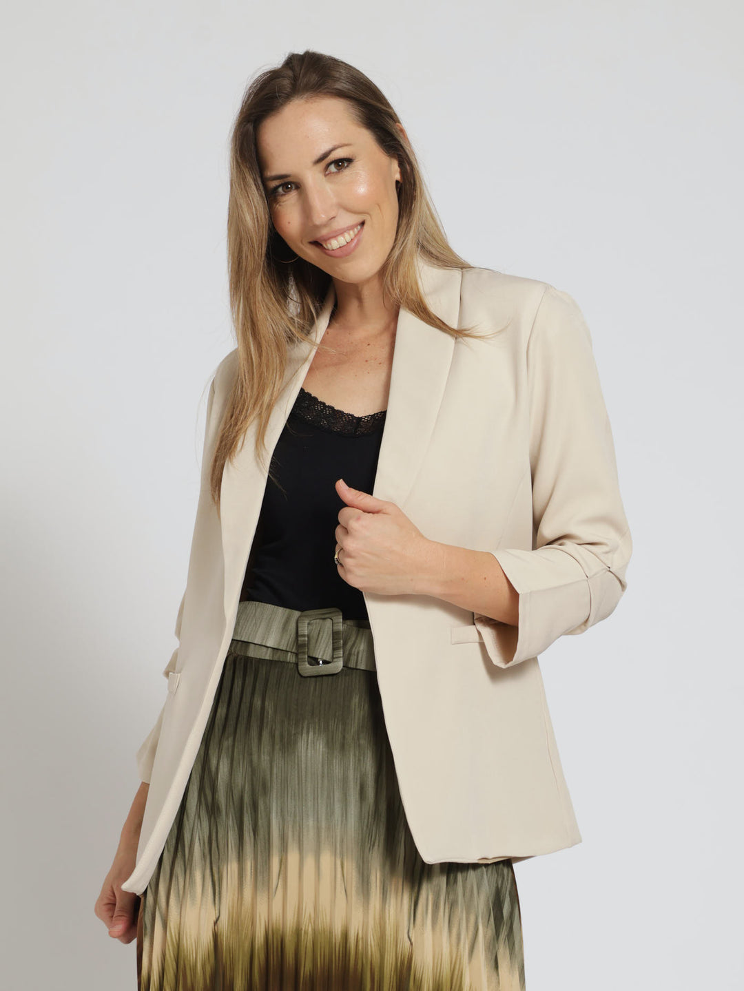 Ruched Sleeve Blazer - Cream