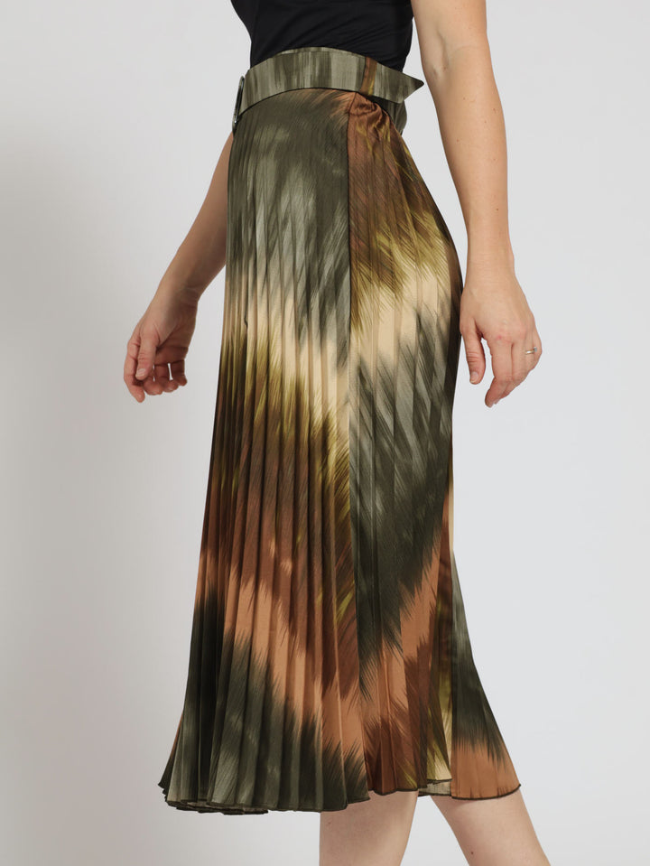 Belted Pleated Satin Midi Skirt Edgars