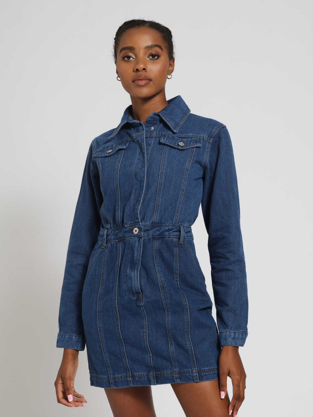 Long Sleeve Denim Dress - Mid Denim