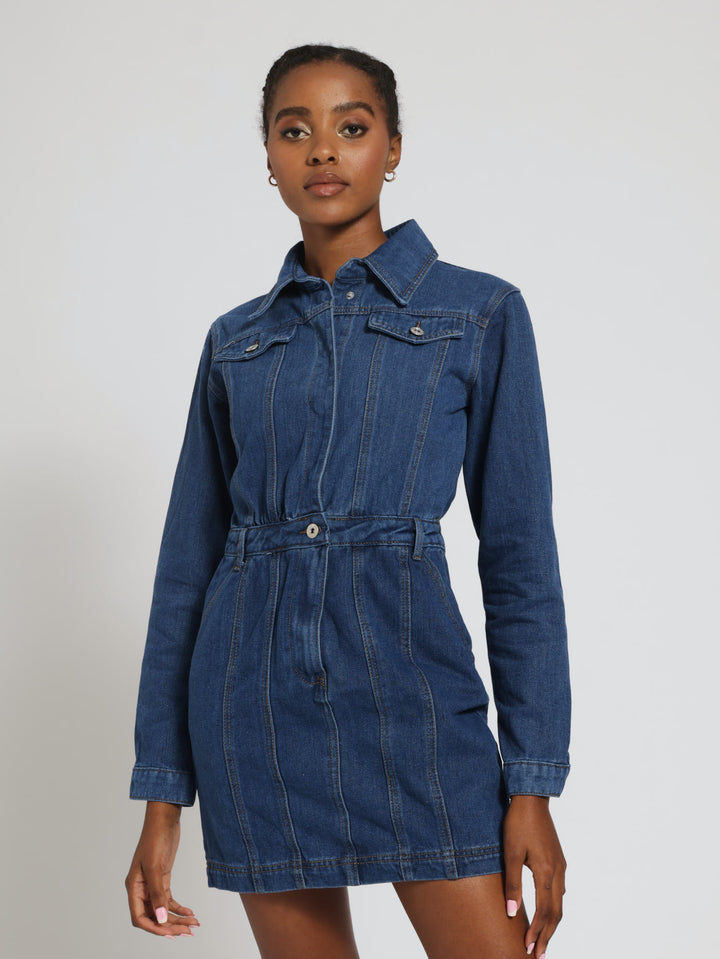 Long Sleeve Denim Dress - Mid Denim