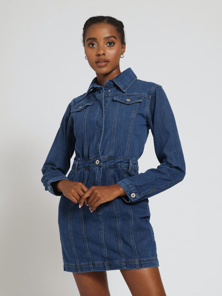 Long Sleeve Denim Dress - Mid Denim