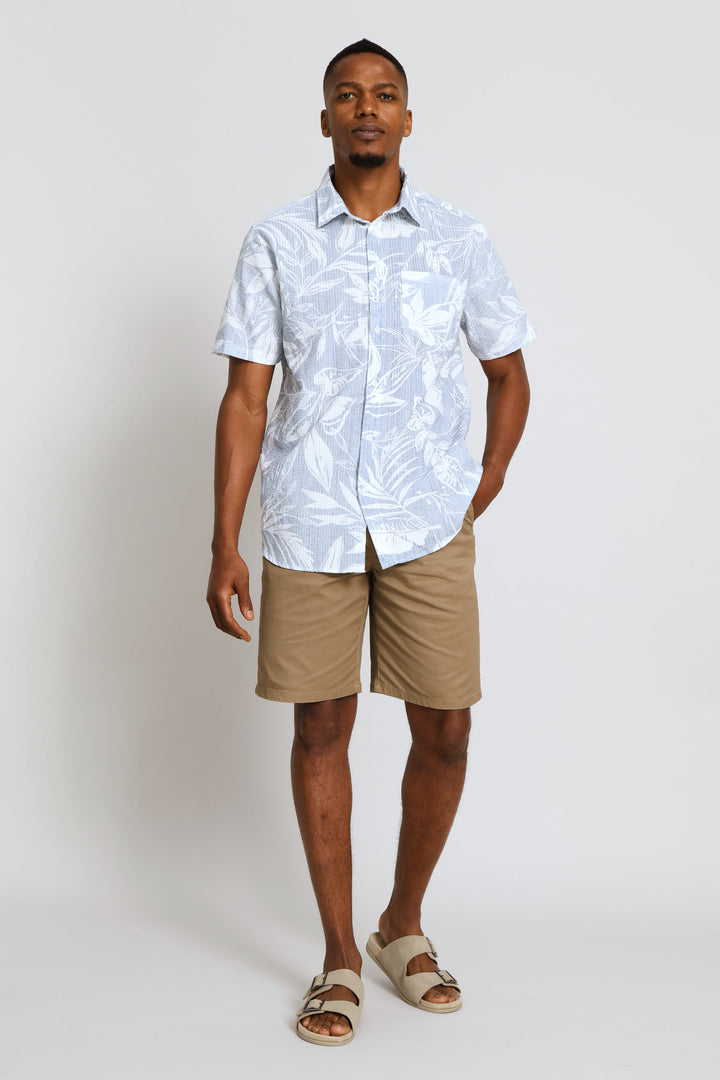 Short Sleeve Leaf Print Shirt - Blue/White