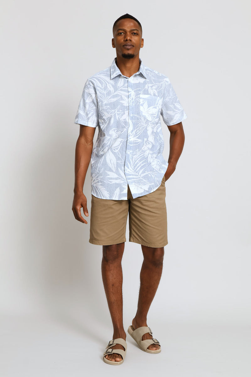Short Sleeve Leaf Print Shirt - Blue/White